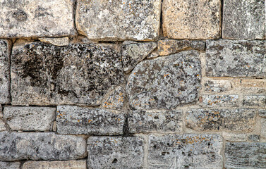 The texture of the old wall. Vintage brick back. The wall is made of shell rock of various rectangular shapes.