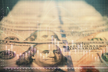 Double exposure of forex graph drawing over us dollars bill background. Concept of financial markets.