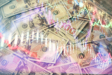 Multi exposure of forex chart drawing over us dollars bill background. Concept of financial success markets.