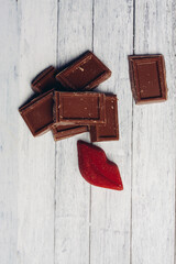 chocolate bar red lips marmalade sweets dessert top view