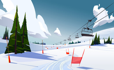 Winter mountains panorama with ski slopes and ski lifts on a sunny day - obrazy, fototapety, plakaty