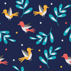 Fototapeta na wymiar Seamless pattern with birds and leaves. Modern background for packaging and design.