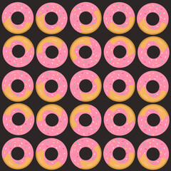 Cartoon seamless pattern with donuts on a dark background. Creative texture and packaging design.