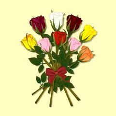 Bouquet of roses. A beautiful illustration of vector images of roses of different colors. Yellow, pink, maroon, white, orange and red roses in one bouquet.