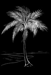 Graphic image of a beach with palm trees on a black background