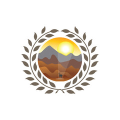 mountain and landscape vector illustration of leaf decoration emblem