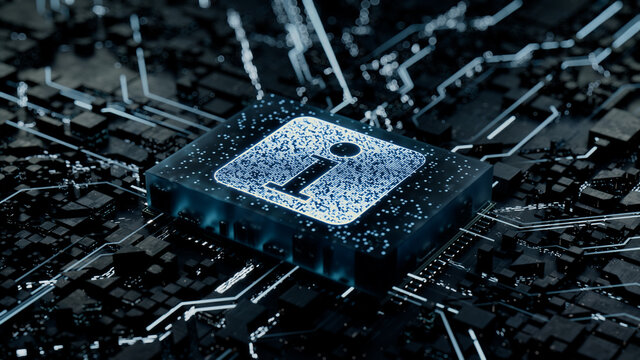 Information Technology Concept with info symbol on a Microchip. Data flows from the CPU across a Futuristic Motherboard. 3D render.