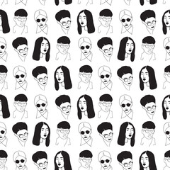 Seamless pattern with doodle sketch. Linear portrait of woman, men.