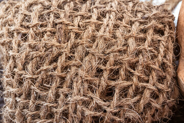 Knitted net made of Coconut fiber. Close up.