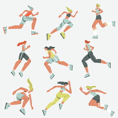 Illustration with running woman. Person doing sport. Cartoon character