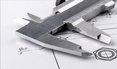 Old metal caliper and engineering drawing. Selective focus