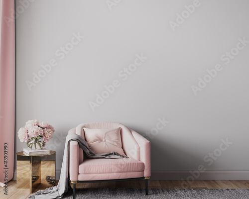 Download Elegant Modern Living Room Design Wall Mockup In Pink And Gray Home Decor 3d Render Wall Mural Lilas