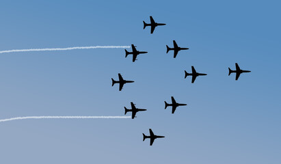 Indian Air Force Surya Kiran Aerobatic Team performs at an air show 