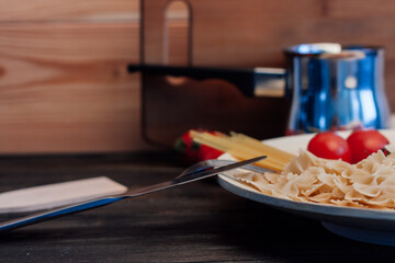 pasta on wooden table ingredients cooking diet food