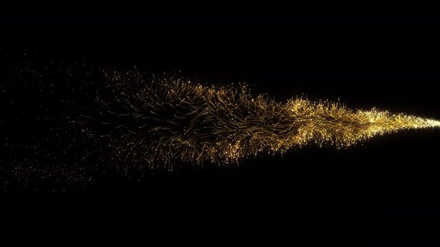 4K Golden particles and sparkles. Christmas gold glitters. Bokeh lights. 3D glowing dust trail. Logo revealer. Intro animation. Isolated on black. Xmas 2022. 