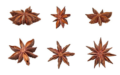 six beautiful wooden anise stars photographed from different angles with seeds isolated on white background