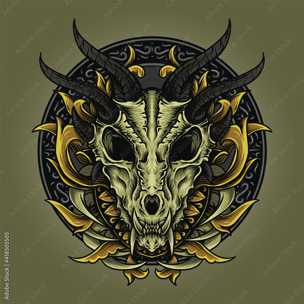 Wall mural artwork illustration and t-shirt design dragon skull engraving ornament