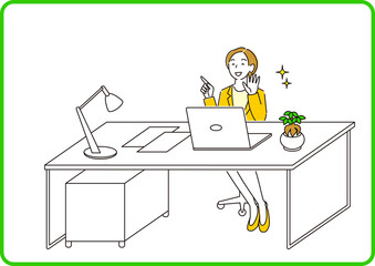 パソコンの前に座ってオンラインで会話をしているスーツ姿の女性 程よいシンプルなイラスト ベクター 