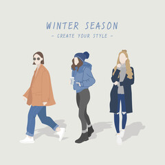 Winter women style, cute characters, and fashionable.