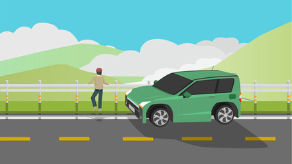 Fototapeta premium Men stand to admire mountain views on the edge of the road. Green passenger car was parked on the asphalt road. Mountain background is complex and the sky is foggy during the time.