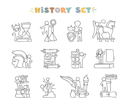History icons set with studing little people.
