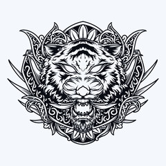 tattoo and t-shirt design black and white hand drawn illustration tiger head engraving ornament