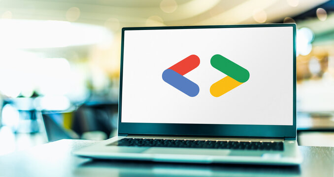 Laptop computer displaying logo of Google Developers
