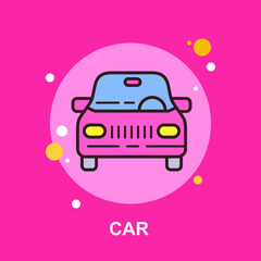 Car red front view with headlights tires windshield front view mirror flat concept design