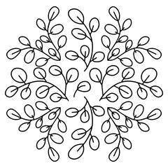 Circular design of botanical elements. Tree branches with leaves. Mandala. Coloring for adults and children. line art. black and white illustration. Vector