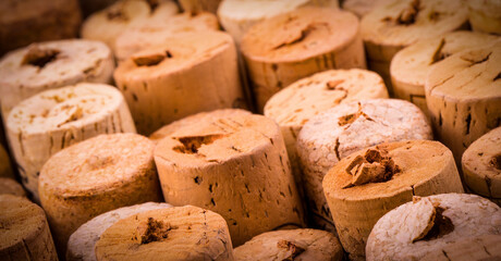 Background pattern of wine bottles corks. Close up