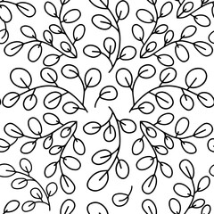 Seamless pattern of botanical elements. Tree branches with leaves. line art. black and white illustration for wrapping paper, textiles and home decor. vector