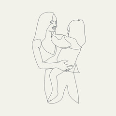 Minimal line hand drawn woman mother holding baby. Mom hugs her baby. Mother's Day. Linear glamour logo in minimal  for maternity hospital, obstetrics, products for pregnant and newborns.