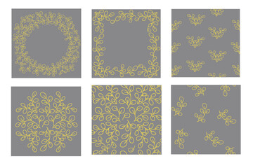 Summer Set. Botanical circular design pattern. Tree branches with leaves in green. Frames of plant elements, seamless patterns. vector