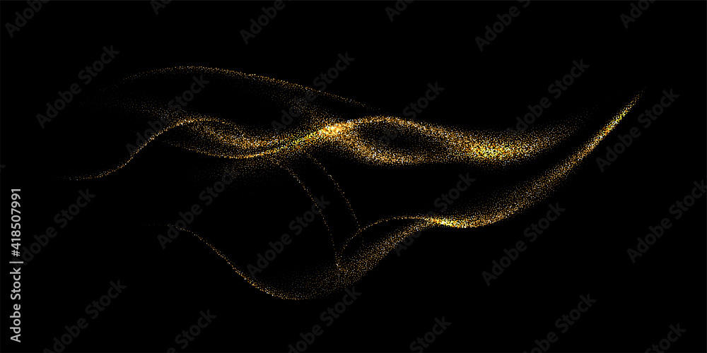 Wall mural golden glitter waves background. gold lines in shiny light vector illustration. bright swirl in dust