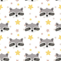 Abstract seamless  pattern with raccoons and stars.  Perfect background for fabric, wrapping, textile, wallpaper, decoration.  Vector illustration