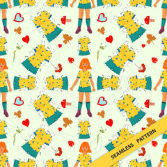 Seamless pattern illustration for decorating various designs backgrounds and doodle style prints little girl teen Yellow sleeveless T shirt and shorts randomly arranged in the picture
