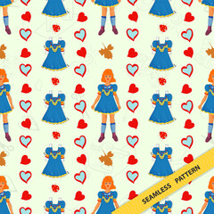 Seamless pattern illustration for decorating various designs backgrounds and prints in the style of doodle little girl teen blue dress and hearts randomly arranged in the pictur
