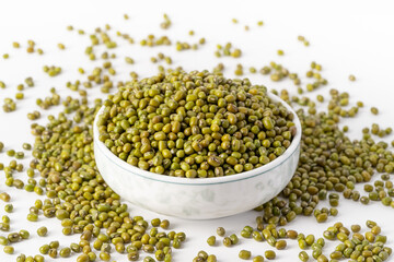 Fresh mung beans on pure white background