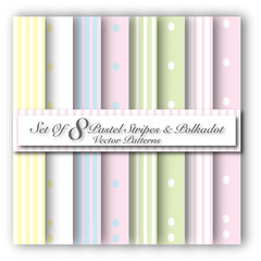 Set of 8 Pastel Stripped & Polkadot Seamless Patterns - Scrapbooking Papers - Craft Papers