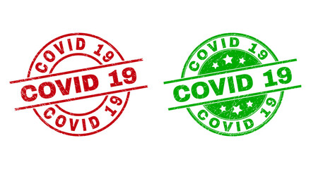 Round COVID 19 seal stamps. Flat vector distress seal stamps with COVID 19 caption inside circle and lines, using red and green colors. Rubber imitations with unclean style.
