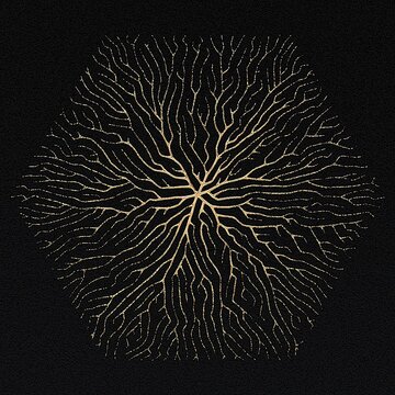 Abstract illustration of tree branches or roots for concept design, creative nature art. Gold on black background. 3d rendering