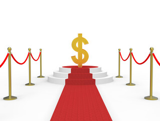 US Dollar symbol on a red carpet stage - 3D illustration