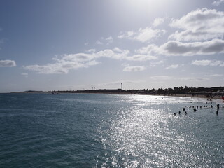Seascape at Atlantic Ocean in african Santa Maria town at Sal island in Cape Verde, clear blue sky in 2019 warm sunny spring day on March.