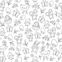 Vector black and white Easter characters seamless pattern. Spring repeating background. Cute outline animal digital paper for kids. Funny texture with chick, hen, butterfly, egg, flowers.