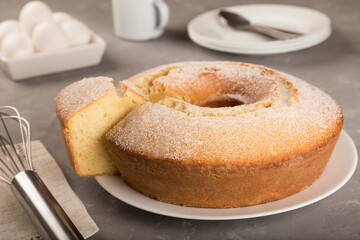 Homemade cake on a wooden table.