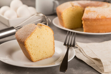Homemade cake on a wooden table.