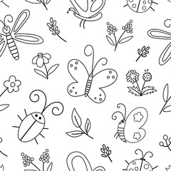 Vector black and white insect and first flower seamless pattern. Funny spring garden repeating background. Cute outline ladybug, butterfly, beetle, dandelion digital paper for kids. .