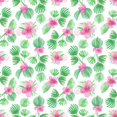 Seamless pattern funny pink hibiscus and palm leaves. Jungle plants background, tropical leaves print, watercolor illustrations