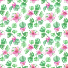 Poster Seamless pattern funny pink hibiscus and palm leaves. Jungle plants background, tropical leaves print, watercolor illustrations © Darya_s