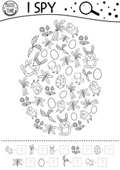 Easter black and white I spy game for kids. Searching and counting activity for preschool children with traditional holiday objects framed in egg shape. Funny spring line printable worksheet .